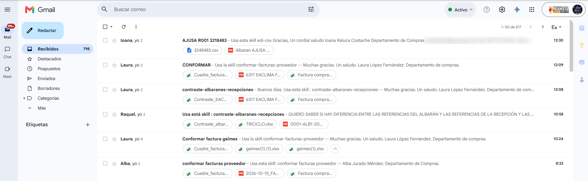 Bandeja de entrada de ATLAS en Gmail con encargos de Compras y sus respuestas