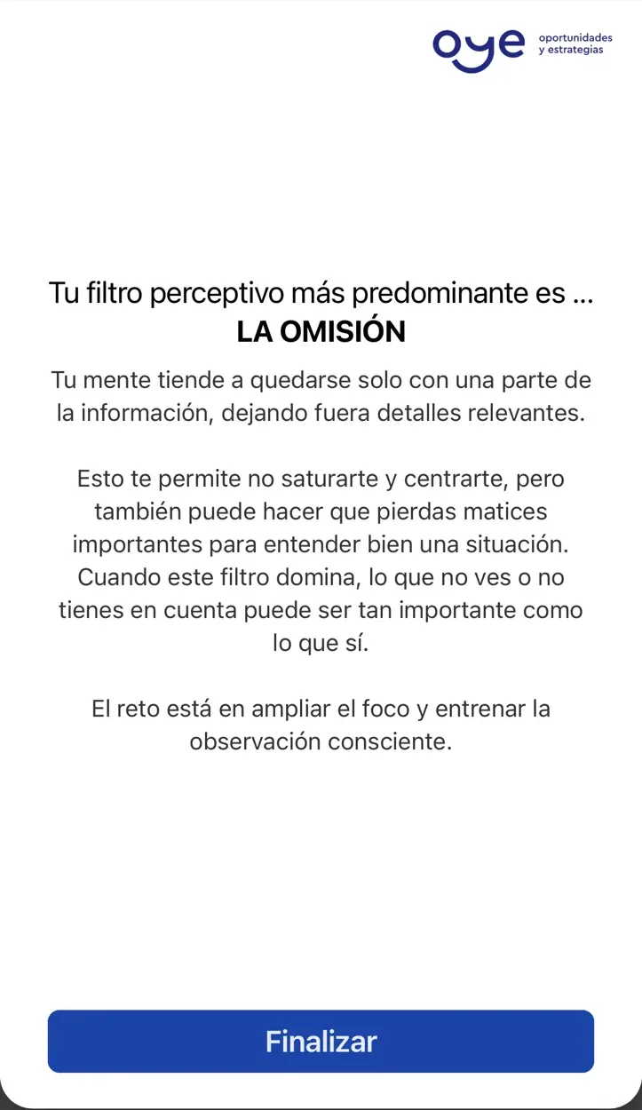 Pantalla del móvil con el resultado del test: tu filtro perceptivo más predominante es la omisión
